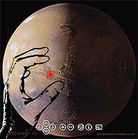Drawing of fingertips over an image of Mars